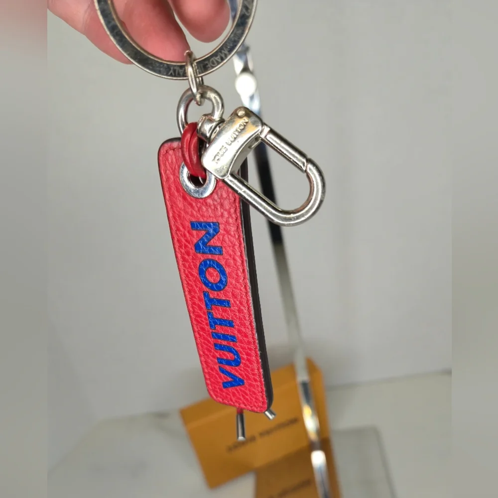 Louis Vuitton Taurillon Logo Tab Bag Charm Key Chain Leather Red Blue with Box - Picture 5 of 10